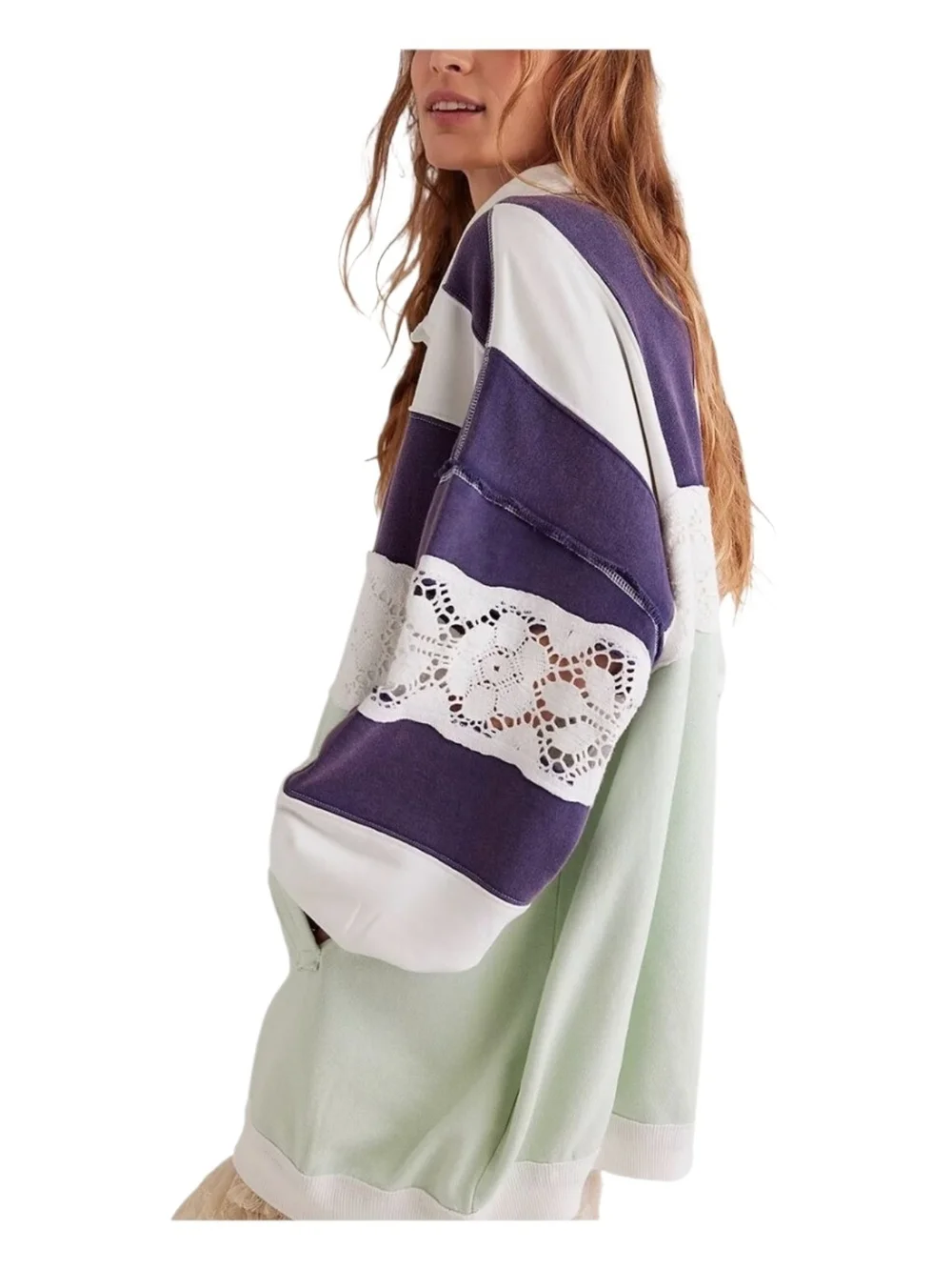 We The Free Lace-Trim Oversized Rugby Pullover in Mint, White & Purple - Picture 3 of 4